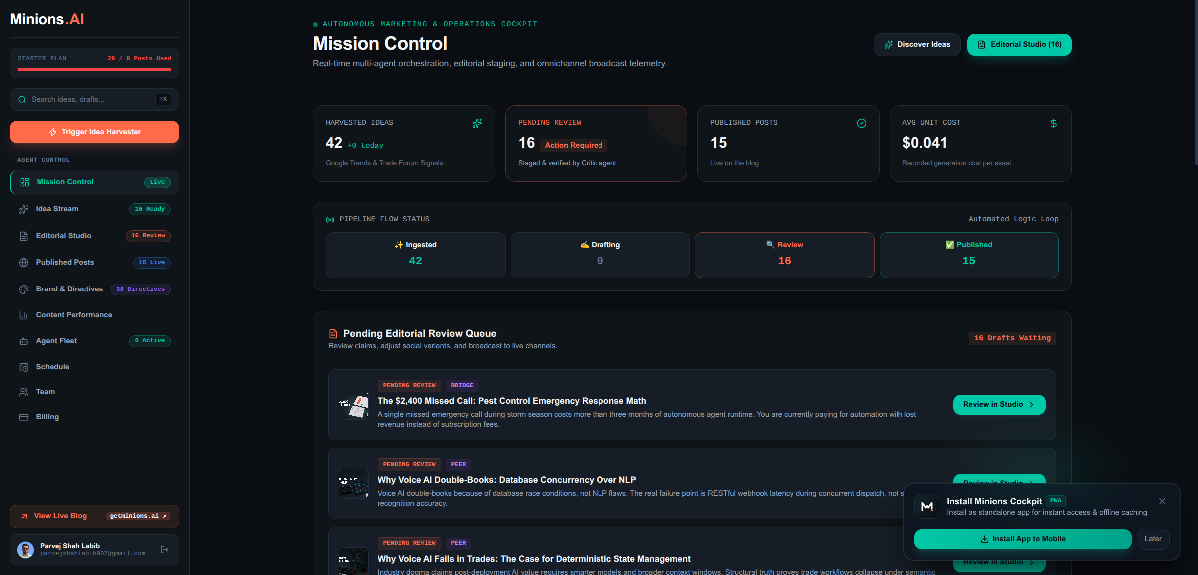 Minions.AI Multi-Agent Mission Control Cockpit & Telemetry